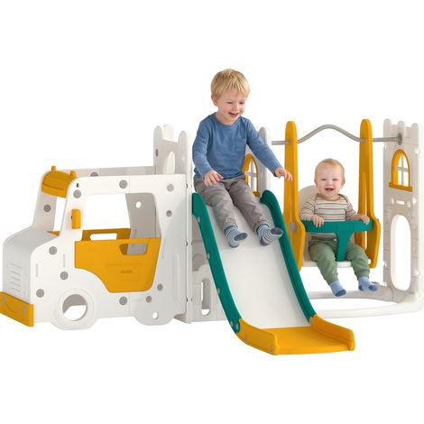 Ensemble toboggan et balançoire pour enfants - AIYAPLAY - 7 en 1 - Intérieur - thème voiture - 1-4 ans - HDPE - 186x176x86cm - blanc (1/5)