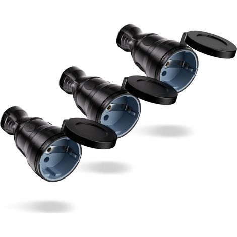 Lot de 3 Prise Femelle Schuko, 250 V/16 A Contact de Protection, Prise Extérieure IP44 étanche avec Protection Anti-torsion et décharge de Traction, En Caoutchouc et Plastique, Noir (1/5)