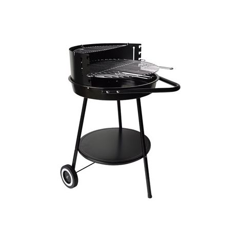Barbecue rond au charbon de bois avec roulettes et hauteur réglable, en acier émaillé avec une grille en acier inoxydable.