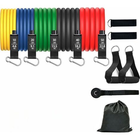 Resistance Band Kit - 5 Resistance Bands Totaling 150 lbs, Handles, Ankle Straps and Door Anchor (1/4)