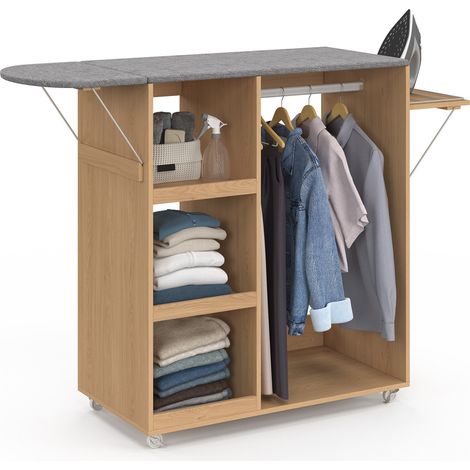 Meuble à repasser pliable à roulettes avec étagères réglables et barre de penderie façon hêtre