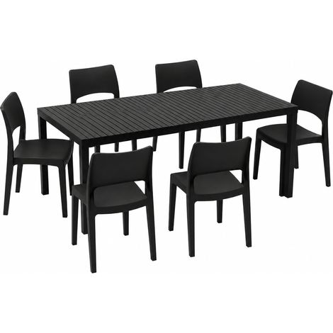 Ensemble Salon d'Extérieur Maseta, Salon de Jardin 6 Places, Table Extensible Fabriqué en Italie, Finition Effet Lames, Noir Anthracite (1/5)