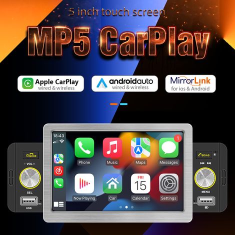 Autoradio MP5 da 5 pollici con lettore FM, Bluetooth e RDS, singolo DIN, con supporto per CarPlay wireless e Android Auto, chiamate in vivavoce, ricarica/riproduzione USB, collegamento telefono, assis (1/4)