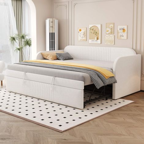Lit banquette 90x190 cm extensible en 180x190 cm, canapé-lit en lin beige, sommier à lattes, rayures verticales, sans matelas (1/5)