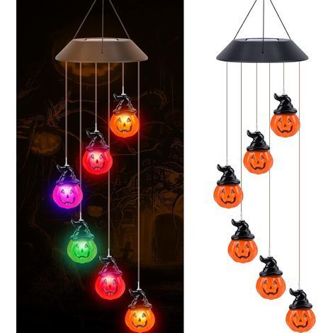 Ciel-Décorations d'Halloween en forme de citrouille, carillons éoliens solaires multicolores à LED étanches, décorations d'extérieur pour porche (1/5)
