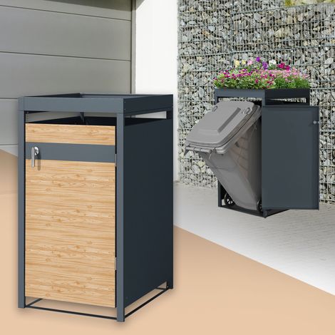 ML-Design Cobertizo de Exterior para 1 Cubo de Basura de 240L 68x80x124 cm Antracita con Aspecto de Madera de Alerce Cubre-Contenedor de Acero con Tapa y Puerta con Cerradura con Techo de Plantación (1/5)