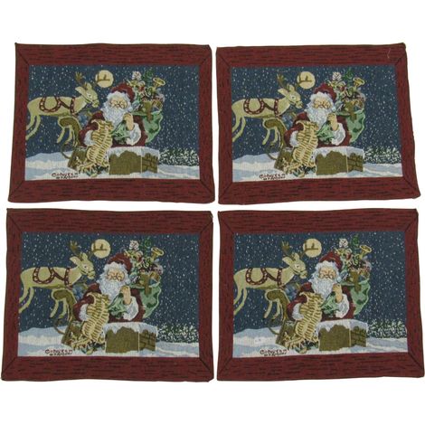 Christmas Table Place Mats X4 (Xmas Festive Fabric Red Santa Decoration) (1/5)