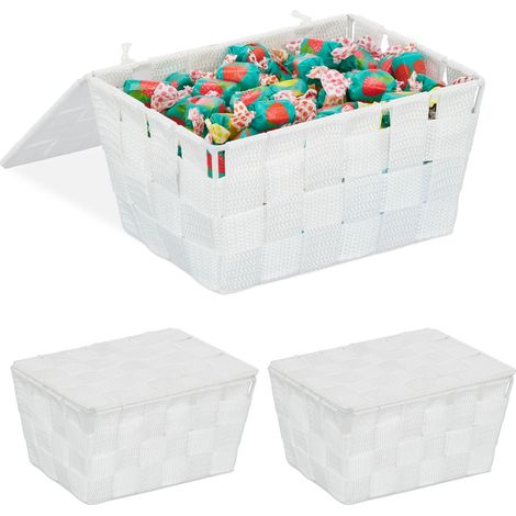 3x Cajas de almacenaje con tapa, Cesta de almacenamiento, PP, 10,5 x 19,5 x 14,5 cm, Blanco