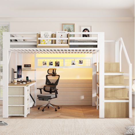 Cama alta multifuncional (255x145x170 cm), con escritorio, 3 cajones, armario, LED, MDF y metal blanco (1/5)