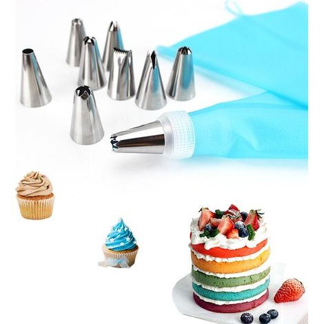 Kit de décoration de gâteaux avec 8 pièces, douilles à pâtisserie réutilisables en forme de fleur pour desserts, gâteaux, crèmes, cuisine, restaurants - Bleu, argent (1/5)