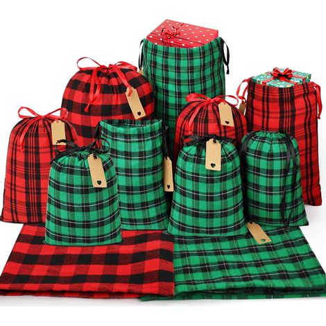 Sacs cadeaux en tissu assortis pour Noël (Grand : 20 po, Moyen :16 po, Petit :12 po), 9 pochettes en coton pour emballer des cadeaux de Noël (1/5)