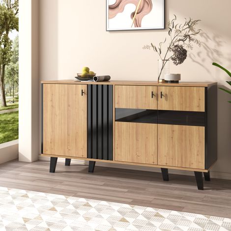 Buffet 140/78,5/41 cm en bois et noir avec 3 portes et éclairage LED (1/5)