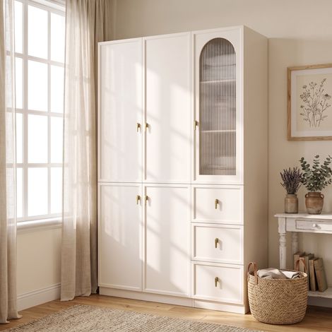 Armoire de Chambre Blanche 135x48x200cm - Dressing avec Éclairage LED RGB Connecté, 5 Portes dont 1 en Verre Cannelé, 3 Tiroirs et Porte-Pantalons (1/5)