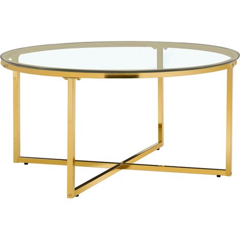 Table Basse LORIE Ronde Plateau Verre Trempé Transparent Structure Métal Gold D90x45cm (1/5)