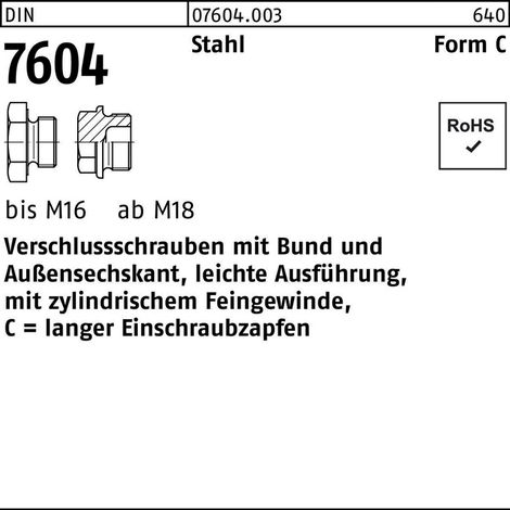 DIN 7604 Form C Sechskant-Verschlussschraube Feingewinde VG M30x1,5 Stahl 5.8 blank m. Bund 25 Stk (1/2)