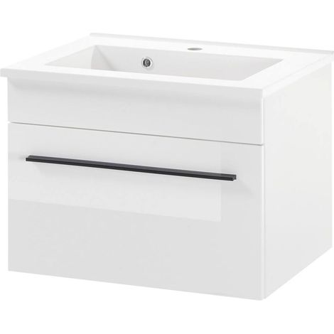 Waschtischunterschrank 60 cm inkl. Mineralgussbecken CHARLESTON-61 in Hochglanz weiß, B/H/T: ca. 60/44/45 cm (1/5)