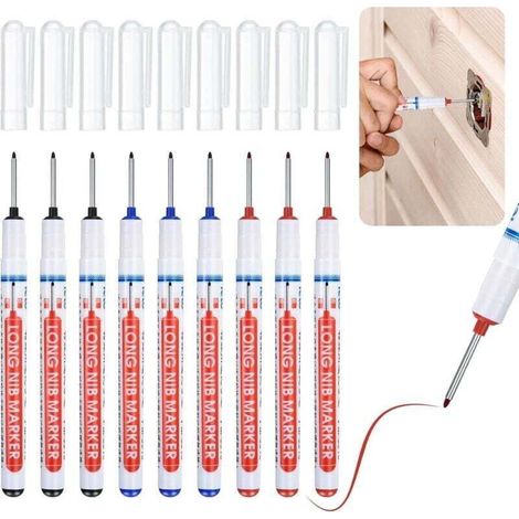 9 Pièces Marqueurs Trou Profond, Stylo Marqueur Charpentier, Marqueur Indélébile à Pointe Fine de 20 mm, Crayon de Charpentier pour Bois Mur Métal Béton Carrelage Plastique - Noir/Bleu/Rouge (1/4)