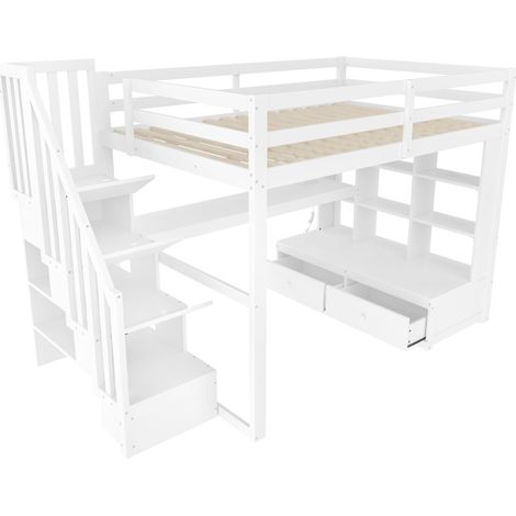 Lit mezzanine 140x200 cm – Avec bureau, étagères, 2 tiroirs, escalier de rangement, LED intégrée, structure pin massif – Blanc – Idéal pour chambre d’enfant ou ado (1/4)