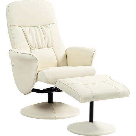 Swivel Recliner Chair with Footstool, PU Lear Armchair and Ottoman with High Back and Round Base for Living Room, Cream White (1/5)