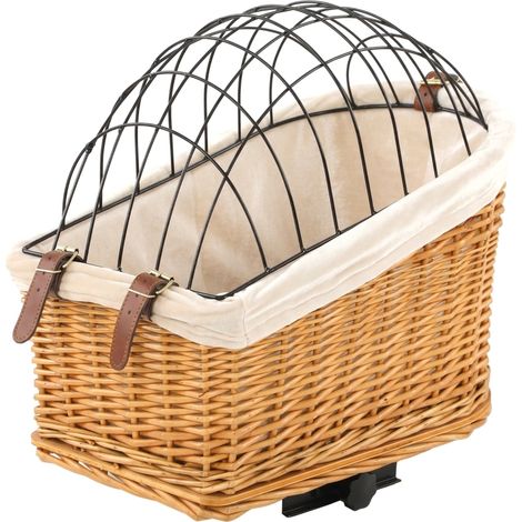 Cestino per biciclette per cani e gatti, cesto per animali intrecciato a mano con copertura in metallo e cuscino morbido, marrone chiaro (1/5)