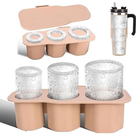 Moule à glaçons pour gobelet 20-40 oz avec couvercle, 3 cylindres creux, silicone marron (1/5)