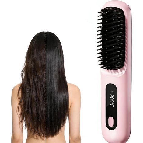 Portable Straightener Brush for Women Travel with LCD Temperature Display, Cordless Hair Straightener Brush for Travel (1/5)