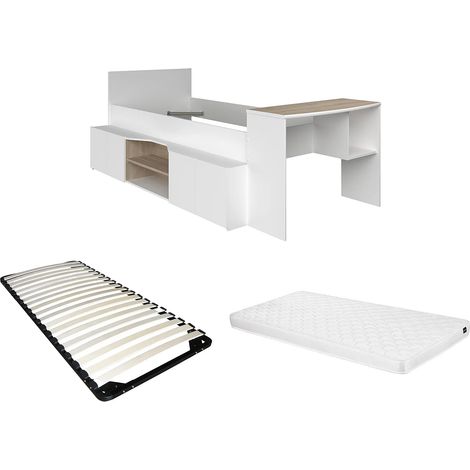 Letto combinato 90x190/200cm con scrivania e scomparti Bianco e Naturale + Rete a doghe + Materasso - JOCHIANE (1/5)
