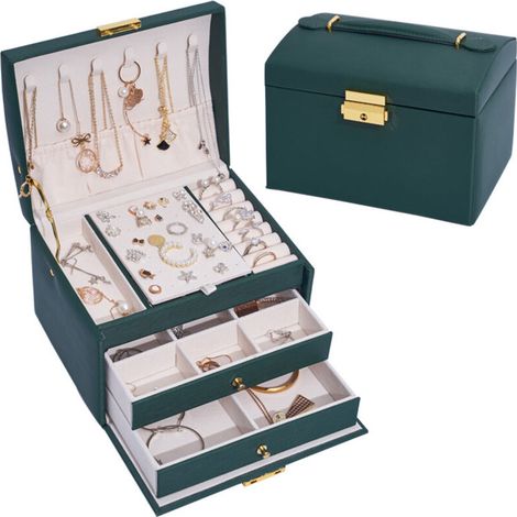 Schmuckkästchen für Damen und Mädchen (Dunkelgrün), Schmuckorganizer für Ringe, Armbänder, Ohrringe, Uhren, Brillen, Weihnachtsgeschenk - Crezuo
