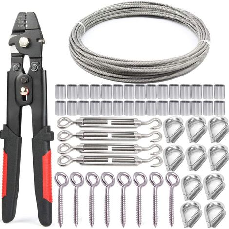 Steel Wire Kit, Wire Rope Crimping Tool + 30M Stainless Steel Wire + 4pcs Wire Tensioner + 10pcs M2 Thimble + 8pcs Eye Screw Hooks (1/5)