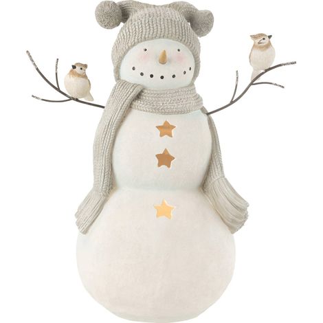 Figurine bonhomme de neige avec oiseaux en résine blanc gris - Blanc gris avec touches beiges (1/4)
