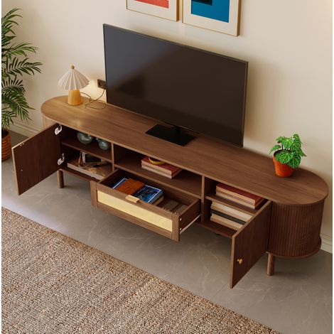 Mobile TV 175x36x51 cm noce in MDF con ante semicircolari, cassetti scorrevoli e vano aperto (1/5)