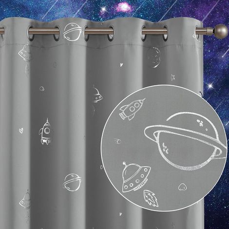 Rideaux gris pour chambre d'enfant à thème espace pour garçons, rideaux occultants pour chambre d'enfant filles, imprimé argenté en aluminium, 213,4 cm de long, à œillets, traitements de (1/5)