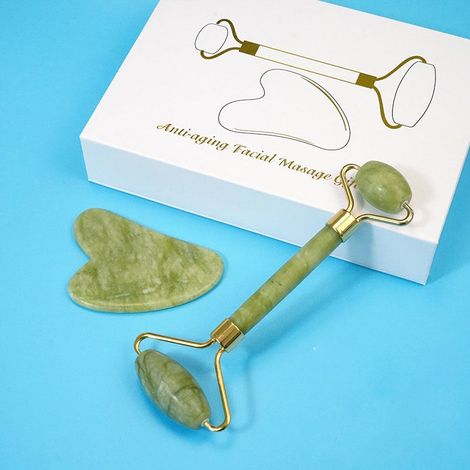 Jade Roller Gua Sha Visage Rouleau Face Facial pierre veritable Kit Massage Set Soin de la peau pour Anti-âge Réduire Les Rides des Yeux et la Circulation Sanguine vert (1/5)