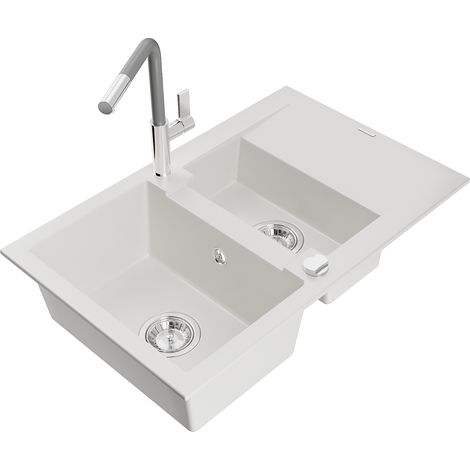 Mexen Gaspar fregadero de granito 1,5 tazones con escurridor y grifo de cocina Flora, blanco - 6507-20-670401-06