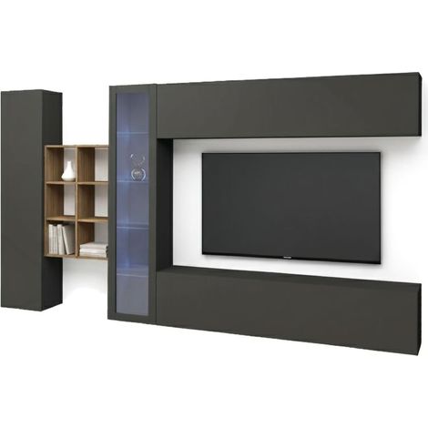 Dmora - Pared Equipada Dcavio, Conjunto de salón Mueble TV con 4 puertas, Mueble de salón polivalente con vitrina y luz LED, 100% Made in Italy, cm 280x30h180, Antracita y Arce