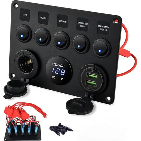 Gang 12V Rocker Switch Panel Waterproof Aluminum LED Rocker Switch Panel QC 3.0 Digital Voltmeter Display Dual USB Charger Port DC 12/24 Volt Socket for RV Boat Vehicles Truck Marine