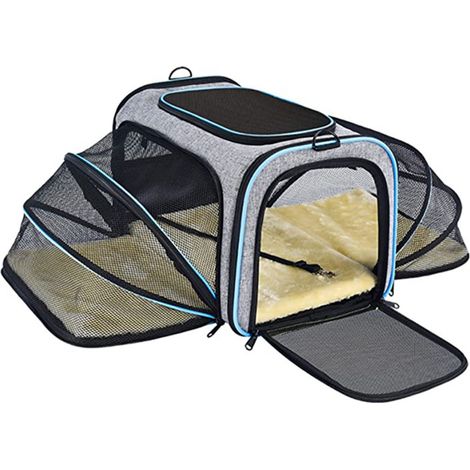 Sac à dos extensible pour chat et chien (petits chiens inclus), pliable, avec laisse de sécurité intérieure et 2 tapis de sol, gris. (1/5)