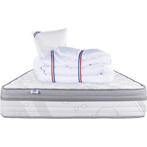Matelas Relaxation, 26cm, Ressorts Ensachés, Mousse Haute Densité, ergonomique, Soutien ferme + Oreiller + Couette, 90x190cm (1/4)