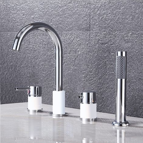 4 Trous Robinet de Douche Chaud et Froid Mitigeur Robinet Douche pour Baignoire Bifonctionnel Robinet Baignoire avec Pommeau de Douchette Extractible,Chrome+Blanc (1/5)