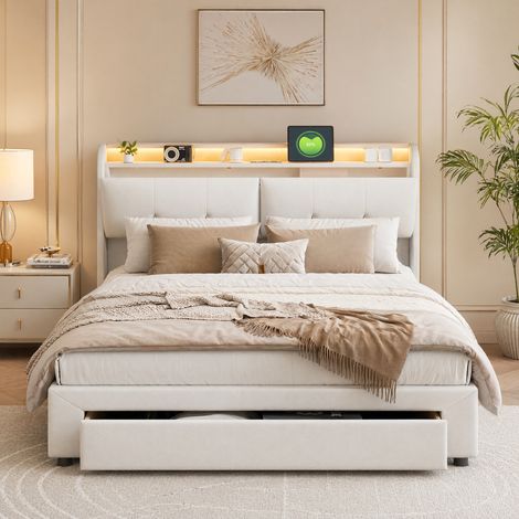 Superaly Lit Double Coffre 160x200 cm, Tête de Lit avec Rangement, Lit Capitonné avec Vérin Pneumatique, 1 Tiroir de Rangement, Éclairage LED, Double Port USB, 2 Prises Européennes, Velours, Beige (1/5)