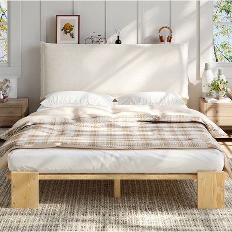 Cama tapizada de madera de pino color natural 140x200 cm con respaldo acolchado y somier de láminas (1/5)