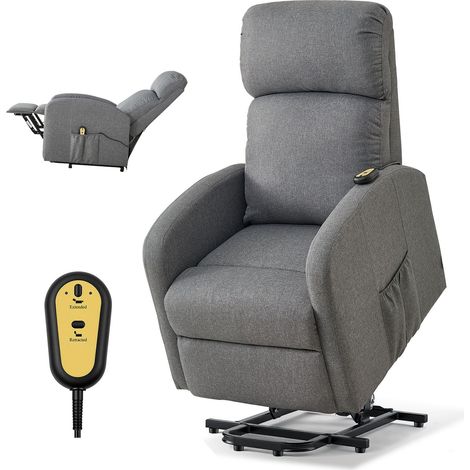 Fauteuil releveur électrique pour personnes âgées, tissu lin gris clair, mousse haute résilience, réglage infini, accoudoirs larges, poches latérales, télécommande incluse. (1/5)