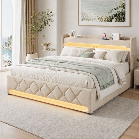 Lit coffre 160x200 - lit double avec rangement 3 niveaux, LED 360°, 3 USB + USB-C, tissu lin - beige (1/5)