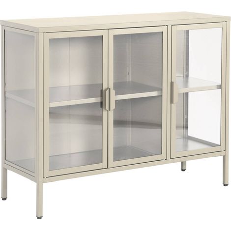 Industrial metal and tempered glass sideboard with 3 doors 100cm, Arkansas, Beige, 100x35x80 cm