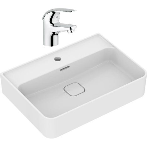 Strada II Waschbecken 600x430 mm, 1 Hahnloch + Grohe Euroeco Einhebel-Waschtischmischer 1/2', Chrom (T300001G32734000)