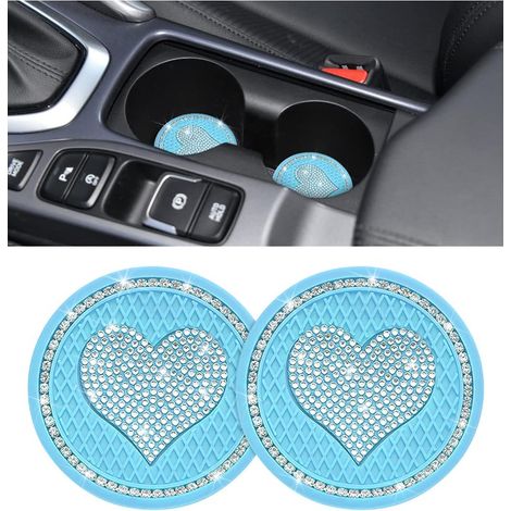 Lot de 2 sous-verres de voiture à strass, sous-verres universels en forme de cœur avec strass en cristal, tapis de sol antidérapants mignons pour gobelets de voiture (bleu acide)