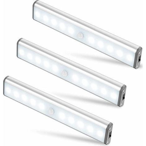 Lot de 3 Lampes 10 LED, Sans Fil, Rechargeable par USB, Aimanté, Détecteur de Mouvement, 2 Modes d’Éclairage, Portable. Lumière de Placard, Baladeuse de Secours, Veilleuse Enfant, Appoint … [Cl (1/5)