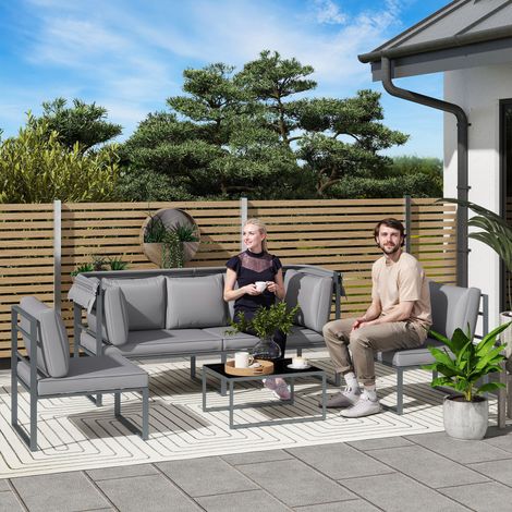 Salon de jardin extérieur 4 pièces modulaire avec canapé fauteuil et table basse en verre trempé coussins inclus - gris