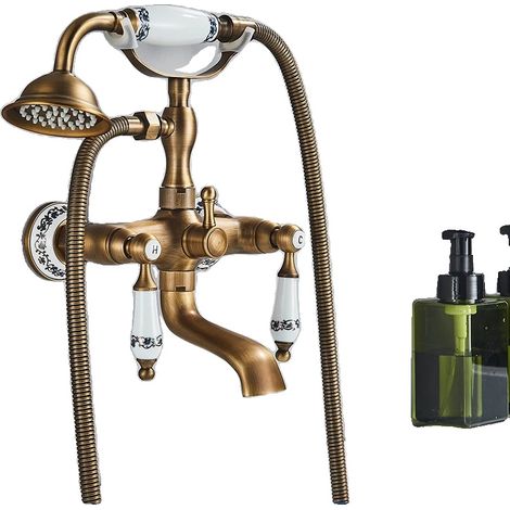 Robinet de douche de baignoire, finition en laiton antique, design à double poignée (1/2)