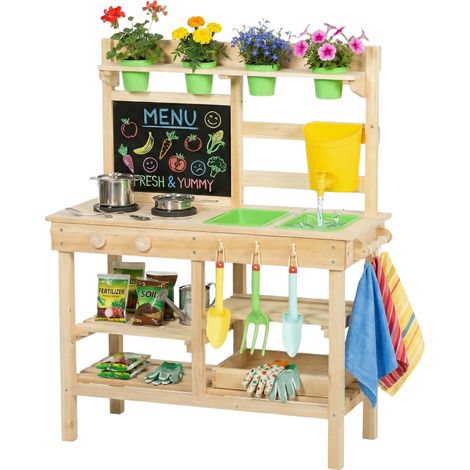 Cocina de Juguete Exterior de Madera con Macetas Fregaderos Grifo Utensilios de Acero Inoxidable Natural (1/5)